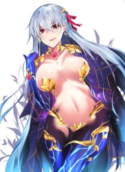Rule 34 | 1girl, breasts, breasts apart, commentary request, earrings, elbow gloves, fate/grand order, fate (series), flower, gloves, gradient hair, hair ribbon, jewelry, kama (fate), kama (third ascension) (fate), large breasts, long hair, multicolored hair, navel, open mouth, pasties, red eyes, red flower, revealing clothes, ribbon, silver hair, solo, very long hair, white background, yuki maccha (yukimattya10)