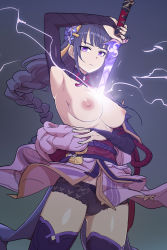 Rule 34 | 1girl, arm up, armor, braid, breasts, breasts out, bridal gauntlets, coattails, commentary, electricity, floral print, flower, genshin impact, grey background, hair ornament, highres, holding, holding sword, holding weapon, human scabbard, japanese clothes, kimono, lace, lace-trimmed panties, lace trim, large breasts, long hair, looking at viewer, makguff, mitsudomoe (shape), mole, mole under eye, nipples, obi, obiage, obijime, panties, purple eyes, purple flower, purple hair, raiden shogun, ribbon, sash, shiny skin, shoulder armor, shrug (clothing), solo, sword, tassel, thighhighs, tomoe (symbol), underwear, weapon