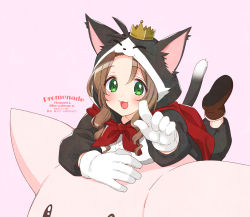 Rule 34 | aerith gainsborough, brown hair, cait sith, cait sith (cosplay), cait sith (ff7), cat tail, cosplay, crown, final fantasy, final fantasy vii, gloves, green eyes, highres, hood, hoodie, krudears, moogle, open mouth, pointing, square enix, tail, white gloves