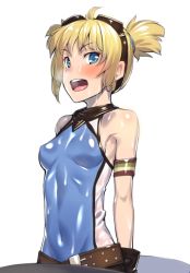 Rule 34 | 10s, 1girl, arm strap, bare shoulders, belt, blonde hair, blue eyes, blush, breasts, covered navel, goggles, goggles on head, granblue fantasy, h kasei, looking at viewer, open mouth, pengie, see-through, shirt, simple background, sleeveless, sleeveless shirt, small breasts, solo, sweat, two side up, upper body, wet, wet clothes, wet shirt