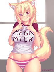 Rule 34 | 1girl, animal ear fluff, animal ears, blonde hair, blush, breasts, cat ears, cat tail, closed mouth, clothes writing, covered erect nipples, cowboy shot, gluteal fold, hands on own chest, head tilt, highres, large breasts, long hair, looking at viewer, mega milk, meme attire, navel, no pants, nottytiffy, original, panties, pink panties, raglan sleeves, red eyes, shirt, short sleeves, slit pupils, smile, solo, standing, striped clothes, striped panties, t-shirt, tail, thighs, tiffy (nottytiffy), underwear, white shirt