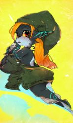 Rule 34 | 1girl, barefoot, black skin, blush, colored sclera, colored skin, from behind, green hat, green jacket, grey skin, hat, highres, idkuroi, jacket, looking at viewer, looking back, midna, multicolored skin, nintendo, orange hair, parted lips, red eyes, solo, sweat, the legend of zelda, the legend of zelda: twilight princess, two-tone skin, yellow sclera