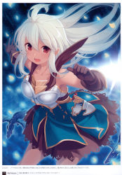 Rule 34 | 1girl, absurdres, ahoge, armor, breastplate, character name, collarbone, dark-skinned female, dark skin, dress, female focus, gloves, granblue fantasy, highres, long hair, open mouth, page number, petals, red eyes, scan, short dress, simple background, smile, solo, white hair, yashiro seika