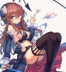 Rule 34 | 1girl, ahoge, beize (garbage), belt, black footwear, black thighhighs, boots, breasts, brown belt, cleavage, closed mouth, curled horns, demon girl, demon horns, demon tail, detached sleeves, fang, food, fork, fruit, grey background, highres, holding, holding fork, horns, long hair, looking at viewer, machikado mazoku, medium breasts, navel, peach, peach slice, plate, red hair, simple background, skin fang, smile, solo, tail, thigh boots, thighhighs, yellow eyes, yoshida yuuko (machikado mazoku)