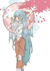 Rule 34 | 1girl, bandaid, bandaid on arm, bandaid on cheek, bandaid on face, bandaid on hand, belt, blue hair, bow, brown belt, collared shirt, comiket 97, dress shirt, feet out of frame, fujiwara no mokou, gauze on neck, hair bow, half updo, hand on own chin, hands up, leaf, long hair, long sleeves, looking ahead, maple leaf, orbited, pants, red bow, red eyes, red pants, shirt, shirt partially tucked in, simple background, solo, standing, suspenders hanging, torn clothes, torn pants, torn sleeves, touhou, uewtsol, very long hair, white background, white bow, white shirt