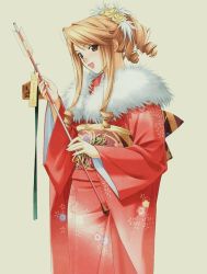 Rule 34 | :d, arrow (projectile), brown eyes, brown hair, drill hair, hashimoto takashi, japanese clothes, jpeg artifacts, kimono, long hair, open mouth, smile, solo
