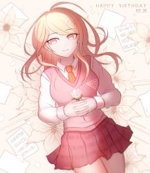 Rule 34 | 1girl, ahoge, akamatsu kaede, artist name, beamed eighth notes, blonde hair, breasts, chromatic aberration, commentary request, danganronpa (series), danganronpa v3: killing harmony, dated, eighth note, floral print, flower, fortissimo, from above, hair ornament, happy birthday, long hair, long sleeves, looking at viewer, lying, medium breasts, musical note, musical note hair ornament, necktie, on back, orange necktie, pleated skirt, purple eyes, school uniform, shirt, skirt, smile, solo, sweater vest, tokilos