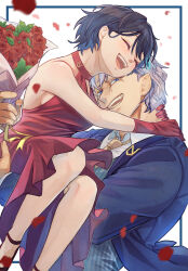 Rule 34 | 1boy, 1girl, :d, andy (undead unluck), black hair, blue eyes, blue jacket, bouquet, breasts, carrying, closed eyes, collared shirt, dress, flower, gloves, grey hair, grey vest, holding, holding bouquet, izumo fuuko, jacket, medium breasts, necktie, open clothes, open jacket, open mouth, petals, red dress, red flower, red gloves, red rose, rose, scar, shirt, short hair, sideboob, sleeveless, sleeveless dress, smile, tebbbba, undead unluck, vest, white shirt, wing collar, yellow necktie