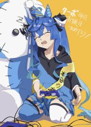Rule 34 | 1girl, ahoge, animal ears, aqua hair, asymmetrical legwear, birthday, birthday sash, blue hair, blue thighhighs, blush, bow, cable, casual, closed eyes, controller, crossed bangs, drooling, game console, gamecube, gamecube controller, hair bow, happy birthday, hashtag-only commentary, hat, highres, holding, holding controller, hood, hoodie, horse ears, horse girl, kneeling, long hair, makasero, miniskirt, mismatched legwear, multicolored clothes, multicolored hair, multicolored hoodie, open mouth, oversized object, party hat, pleated skirt, saliva, sash, seiza, sharp teeth, shoulder sash, sidelocks, sitting, skirt, sleeping, solo, striped bow, stuffed animal, stuffed rabbit, stuffed toy, teeth, thighhighs, translation request, twin turbo (umamusume), twintails, two-tone hair, umamusume, upper teeth only, very long hair, white thighhighs, yellow background, zzz