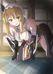 Rule 34 | 1girl, :d, all fours, arm guards, armor, bare shoulders, blanket, blonde hair, blush, breasts, center opening, chain, cleavage, collarbone, emblem, eyebrows, futon, gauntlets, green eyes, hair between eyes, hairband, hanging breasts, indoors, jewelry, looking at viewer, maid headdress, medium breasts, neck ring, open mouth, original, parted lips, phantasy star, phantasy star online 2, shimotsuki iko, short hair, sidelocks, sliding doors, smile, solo