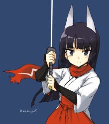 Rule 34 | &gt;:(, 1girl, anabuki tomoko, animal ears, armor, black eyes, black hair, blue background, fox ears, frown, holding, japanese armor, japanese clothes, katana, kote, kurokote, long hair, looking at viewer, makaze (t-junction), simple background, solo, strike witches, strike witches: suomus misfits squadron, sword, twitter username, upper body, v-shaped eyebrows, weapon, world witches series