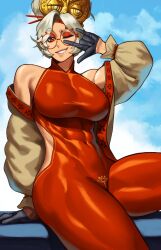 Rule 34 | 1girl, abs, absurdres, arm support, breasts, commentary, covered navel, cowboy shot, english commentary, glasses, gloves, grey hair, hair bun, highres, large breasts, looking at viewer, muscular, muscular female, nintendo, one eye closed, parted lips, purah, red eyes, smirk, solo, sotcho, teeth, the legend of zelda, the legend of zelda: tears of the kingdom