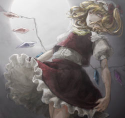 Rule 34 | 1girl, bad id, bad pixiv id, blonde hair, blouse, clothes lift, crystal, flandre scarlet, floating hair, full moon, grey theme, moon, moonlight, night, potyo1102, puffy short sleeves, puffy sleeves, shirt, short hair, short sleeves, side ponytail, skirt, skirt lift, skirt set, solo, touhou, wind, wings