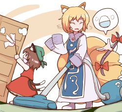Rule 34 | 3girls, animal ears, blonde hair, bow, bowl, brown eyes, brown hair, cat ears, cat tail, chen, cleaning, commentary, dress, dust cloud, duster, fox ears, fox tail, frills, gap (touhou), green headwear, highres, long sleeves, multiple girls, multiple tails, nikori, open mouth, red bow, red skirt, red vest, rice, rice bowl, shaking head, shirt, short hair, skirt, speech bubble, sweatdrop, tabard, tail, touhou, two tails, vacuum cleaner, vest, white dress, white legwear, white shirt, yakumo ran, yakumo yukari