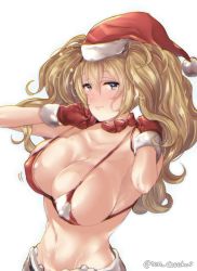 Rule 34 | 1girl, alternate costume, bikini, bikini top only, blonde hair, blue eyes, blush, bow, bowtie, breasts, christmas, chromatic aberration, cleavage, closed mouth, covered erect nipples, eyebrows hidden by hair, fur-trimmed headwear, fur trim, gambier bay (kancolle), gloves, hair between eyes, hat, juurouta, kantai collection, large breasts, long hair, looking at viewer, narrow waist, parted lips, pom pom (clothes), pulled by self, red bikini, red bow, red bowtie, red gloves, red hat, santa bikini, santa hat, skindentation, smile, solo, string bikini, swimsuit, twintails