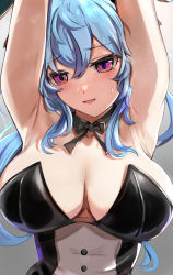 Rule 34 | 1girl, :d, armpit crease, armpits, arms up, black leotard, black ribbon, blue hair, blush, breasts, breasts apart, cleavage, commentary, detached collar, dot nose, ganyu (genshin impact), genshin impact, goat girl, grey background, hair between eyes, highres, large breasts, leotard, long hair, open mouth, pink eyes, playboy bunny, ribbon, shadow, simple background, smile, solo, strapless, strapless leotard, sweatdrop, tomas (kaosu22), upper body