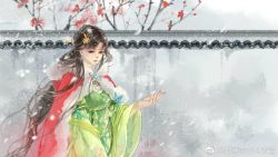 Rule 34 | 1girl, baiguio (zhu xian), bare tree, bi yao jiade kepu jiang, brown hair, coat, dress, green dress, hair ornament, hair rings, highres, long hair, smile, snow, tree, weibo watermark, winter, zhu xian