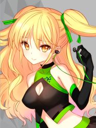 Rule 34 | 1girl, black gloves, blonde hair, blush, breasts, cleavage cutout, clothing cutout, commentary, earbuds, earphones, elbow gloves, gloves, halterneck, halterneck, lowres, promotional art, race queen, razer, shirogane yui, smile, solo, tsukigami runa, two side up, yellow eyes