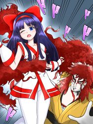 Rule 34 | 1boy, 1girl, ainu clothes, attack, blue eyes, breasts, clenched teeth, fighting, fingerless gloves, gloves, hair ribbon, highres, japanese clothes, legs, long hair, looking at viewer, makeup, medium breasts, nakoruru, one eye closed, pants, purple hair, red hair, restrained, ribbon, samurai spirits, snk, teeth, the king of fighters, thighs, very long hair