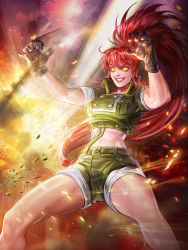 Rule 34 | 1girl, breasts, clenched teeth, cropped jacket, dark persona, earrings, explosion, gloves, grin, highres, jewelry, leona heidern, navel, official art, orochi leona, ponytail, red hair, shorts, smile, solo, teeth, the king of fighters, the king of fighters all-stars, toned, yellow eyes