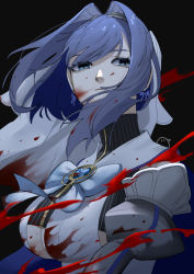 Rule 34 | 1girl, absurdres, black background, blood, blood in hair, blood on clothes, blood on face, blood splatter, blue bow, blue eyes, blue hair, bow, bow earrings, bowtie, breasts, chain, chain headband, cleavage, crop top, earrings, hair intakes, head chain, highres, hololive, hololive english, jewelry, large breasts, looking up, ouro kronii, short hair, simple background, solo, striped, turtleneck, underboob, veil, virtual youtuber, white veil, zipper