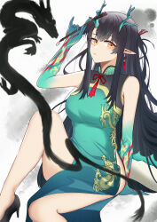 Rule 34 | arknights, black hair, china dress, chinese clothes, dragon girl, dragon horns, dragon tail, dress, dusk (arknights), dusk (everything is a miracle) (arknights), earrings, fiery tail, gradient skin, green dress, green horns, highres, horns, jewelry, long hair, looking at viewer, multicolored hair, red eyes, sleeveless, sleeveless dress, streaked hair, tail, tassel, tassel earrings, teagun