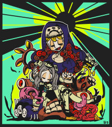 Rule 34 | 2018, 2girls, apron, blonde hair, bloody marie (skullgirls), carrying, cradling head, double (skullgirls), dress, extra eyes, extra mouth, closed eyes, frilled apron, frilled dress, frills, grey hair, hair ornament, holding hands, hand on another&#039;s head, hassan83, highres, maid headdress, monster, multiple girls, nun, open mouth, skull hair ornament, skullgirls, sleeping, smile, twintails, unconscious