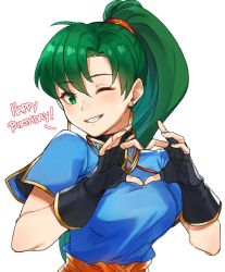 Rule 34 | !, 1girl, asymmetrical bangs, black gloves, blue dress, blush, breasts, clenched teeth, dress, earrings, english text, eyes visible through hair, female focus, fingerless gloves, fire emblem, fire emblem: the blazing blade, fire emblem heroes, gloves, green eyes, green hair, grin, hair between eyes, hands up, happy birthday, heart, heart hands, high ponytail, highres, jewelry, kamu (kamuuei), long hair, looking at viewer, lyn (fire emblem), medium breasts, nintendo, one eye closed, ponytail, short sleeves, side slit, smile, solo, teeth, upper body, white background, wink