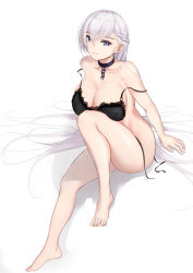 Rule 34 | 1girl, absurdres, azur lane, bad id, bad pixiv id, bare legs, bare shoulders, barefoot, belfast (azur lane), black bra, black panties, blue eyes, bra, bra lift, bra strap, braid, breasts, chain necklace, cleavage, closed mouth, collarbone, french braid, hands on own back, highres, jewelry, large breasts, legs, long hair, looking at viewer, necklace, open bra, panties, shigatsu (4gate), side-tie panties, sitting, solo, thighs, toes, underwear, untied panties, white background, white hair