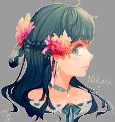 Rule 34 | 1girl, 2018, aqua choker, artist name, blue eyes, blue hair, braid, character name, choker, closed mouth, collarbone, creatures (company), dark blue hair, dated, dawn (pokemon), earrings, flower, game freak, grey background, hair flower, hair ornament, highres, jewelry, long hair, nintendo, pink lips, pokemon, pokemon dppt, r.aka., red flower, smile, solo, upper body