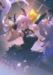 Rule 34 | 1girl, animal ears, armband, asymmetrical gloves, black dress, black gloves, black thighhighs, blurry, breasts, cleavage, cleavage cutout, clothing cutout, depth of field, detached collar, dress, elbow gloves, garter straps, gloves, granblue fantasy, hand up, index finger raised, large breasts, long hair, looking at viewer, open mouth, outstretched arm, petticoat, purple hair, satyr, satyr (granblue fantasy), single elbow glove, single glove, sleeveless, sleeveless dress, smile, solo, thighhighs, twintails, uneven gloves, very long hair, vienri