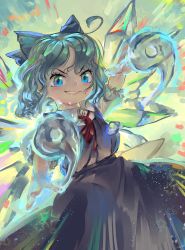 Rule 34 | 1girl, absurdres, ascot, blue bow, blue dress, blue eyes, blue hair, bow, cirno, cirno day, commentary, dress, feet out of frame, grin, hair between eyes, hair bow, highres, ice, ice wings, medium hair, red ascot, riki6, short sleeves, smile, solo, star (symbol), touhou, v-shaped eyebrows, wavy hair, wings