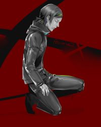 Rule 34 | 1boy, bad id, bad pixiv id, closed eyes, copyright name, dated, highres, male focus, monochrome, nathingness, persona, persona 2, persona 2 batsu, profile, realistic, serious, signature, solo, squatting, suou tatsuya, suou tatsuya (persona 2 batsu)