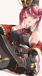 Rule 34 | 1girl, :p, absurdres, bare shoulders, belt, black gloves, black thighhighs, bodystocking, boots, breasts, cleavage, coat, crossed legs, elbow gloves, gloves, hair bun, hair over one eye, hat, highres, hololive, houshou marine, houshou marine (marching band), long hair, multicolored hair, off shoulder, pink hair, purple hair, see-through, see-through cleavage, simple background, single hair bun, sitting, solo, teeth, thigh boots, thighhighs, tongue, tongue out, two-tone hair, virtual youtuber, white background, yamada (yamadadesuyo212), yellow eyes