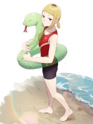 Rule 34 | beach, bike shorts, bleached hair, blonde hair, chainsaw man, feet, highres, holding floatie, ikanyoikanikan, looking at viewer, outdoors, red eyes, roots (hair), sand, sawatari akane (chainsaw man), short hair, simple background, slit pupils, snake, tank top, water, wet