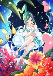 Rule 34 | 1girl, :d, alternate costume, bikini, blush, chinchou, commentary request, coral, creatures (company), eyelashes, flower, game freak, gen 2 pokemon, gen 3 pokemon, green bikini, green eyes, green footwear, green hair, green nails, hair ornament, hand up, high heels, highres, knees, lisia (pokemon), looking at viewer, luvdisc, nail polish, nintendo, off shoulder, open mouth, platform footwear, pokemon, pokemon (creature), pokemon oras, sidelocks, sitting, smile, ssn (sasa8u9r), swimsuit, teeth, thigh strap, tongue, v