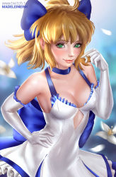 Rule 34 | 1girl, artist name, artoria pendragon (all), artoria pendragon (fate), back bow, blue bow, blue neckwear, bow, breasts, choker, cleavage, commentary, dress, elbow gloves, fate (series), flower, gloves, green eyes, hair bow, hand on own hip, highres, large bow, lily (flower), looking at viewer, madeleine bellwoar, medium breasts, official alternate costume, official alternate hairstyle, pink lips, saber (fate), saber (pure night dress) (fate), saber lily, shiny clothes, short hair, smile, solo, twitch username, watermark, web address, white dress, white flower, white gloves