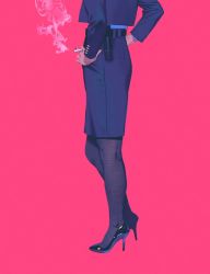 Rule 34 | 1girl, black footwear, blue shirt, brown pantyhose, cigarette, fine fabric emphasis, flashlight, formal, from side, head out of frame, high heels, holding, holding cigarette, jacket, long sleeves, lower body, original, pant suit, pants, pantyhose, pencil skirt, pink background, purple jacket, purple skirt, shirt, simple background, skirt, smoke, solo, suit, tomono rui
