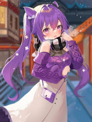 Rule 34 | 1girl, absurdres, bare shoulders, blush, breasts, cone hair bun, genshin impact, grey scarf, hair bun, highres, keqing (genshin impact), keqing (lantern rite) (genshin impact), long hair, long sleeves, looking at viewer, medium breasts, open mouth, purple eyes, purple hair, purple sweater, scarf, skirt, smile, snow, solo, sweater, swept bangs, tsukise miwa, twintails, white skirt