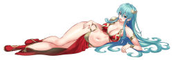 Rule 34 | 1girl, absurdres, alternate costume, armpits, bare legs, bare shoulders, bikini, blue eyes, blue hair, blush, boots, breasts, cleavage, collarbone, dancer, earrings, eirika (fire emblem), female focus, fire emblem, fire emblem: the sacred stones, fire emblem heroes, harem outfit, highres, jewelry, large breasts, long hair, looking at viewer, lying, midriff, navel, nez-box, nintendo, on side, open mouth, pelvic curtain, shoes, slave, smile, solo, swimsuit, tongue, tongue out