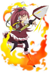 Rule 34 | 10s, 1girl, bare shoulders, black thighhighs, boots, bow, clothes iron, detached sleeves, fire, hair bow, kaden shoujo, long hair, magical girl, mahou shoujo madoka magica, mahou shoujo madoka magica (anime), official art, polearm, ponytail, red eyes, red hair, sakura kyoko, simple background, smile, solo, thighhighs, weapon