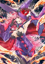Rule 34 | 1girl, blazblue, blazblue: central fiction, box, breasts, cape, claws, cleavage, gift, gloves, hair over one eye, hat, heart-shaped box, holding, holding gift, ian olympia, konoe a. mercury, large breasts, long hair, medium breasts, pink hair, red hair, signature, slit pupils, solo, thighhighs, valentine, witch hat, yellow eyes