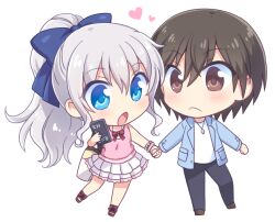 Rule 34 | 1boy, 1girl, :o, blue bow, blue eyes, blush, bow, bowtie, brown eyes, brown hair, casual, charlotte (anime), chibi, chibi only, closed mouth, commentary, couple, eyes visible through hair, frown, grey hair, hair between eyes, hair bow, heart, hetero, holding hands, kousetsu, long hair, looking at another, miniskirt, official alternate costume, official alternate hairstyle, open mouth, otosaka yuu, pink shirt, pleated skirt, ponytail, red bow, red bowtie, shirt, short hair, simple background, skirt, sleeveless, sleeveless shirt, tomori nao, transparent background, wavy hair, white skirt