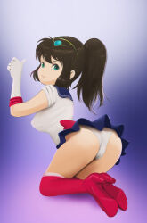 Rule 34 | 1girl, absurdres, arched back, ass, blue skirt, boots, breasts, brown hair, closed mouth, elbow gloves, female focus, from behind, fukune atsuko, full body, gloves, green eyes, hairband, high heels, highres, kneeling, large breasts, looking at viewer, looking back, medium hair, mugen shinshi, sailor collar, school uniform, serafuku, shirt, shoe soles, short sleeves, sideboob, sidelocks, skirt, smile, solo, storm92, thigh boots, thighs, thumbs up, white gloves, white shirt