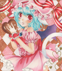 Rule 34 | 1girl, adapted costume, bare shoulders, bat wings, blue hair, bow, brooch, checkered background, chocolate, eyelashes, fang, female focus, frills, hat, heart, holding, jewelry, looking at viewer, mizame, open mouth, puffy sleeves, red eyes, remilia scarlet, ribbon, shikishi, short sleeves, solo, touhou, traditional media, valentine, wings, wrist cuffs