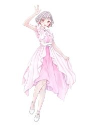 Rule 34 | 1girl, :d, arm up, armpit peek, belt, colored inner hair, diagonal bangs, dress, full body, gradient dress, grey hair, hair ornament, hairclip, hand up, high heels, highres, leg up, link! like! love live!, link to the future (love live!), looking at viewer, love live!, medium dress, multicolored hair, neck ribbon, open mouth, pink dress, pink eyes, pink hair, ribbon, short hair, sitting, skirt hold, smile, solo, standing, standing on one leg, suito, teeth, upper teeth only, virtual youtuber, white background, white belt, white dress, white footwear, white ribbon, yugiri tsuzuri