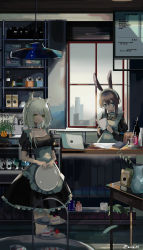 Rule 34 | 2girls, absurdres, alternate costume, amiya (arknights), animal ear fluff, animal ears, apron, arknights, artist name, backlighting, black choker, blue eyes, book, breasts, brown hair, cafe, cat ears, ceiling, choker, cleavage, collarbone, computer, counter, cup, day, dress, enmaided, enne kl, frilled dress, frills, green eyes, highres, holding, holding book, holding tray, indoors, juliet sleeves, kal&#039;tsit (arknights), laptop, long sleeves, maid, maid headdress, medium breasts, multiple girls, open book, plant, potted plant, puffy short sleeves, puffy sleeves, rabbit ears, restrained, serving cart, short hair, short sleeves, standing, sunlight, tiered tray, tray, underbust, white apron, white hair