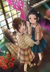 Rule 34 | 2girls, :d, :o, bad id, bad pixiv id, black hair, blush, brown eyes, dancing, flower, hair ornament, heart, highres, holding hands, instrument, jewelry, multicolored stripes, multiple girls, necklace, open mouth, original, phonograph, piano, polka dot, rose, shoes, short hair, smile, star (symbol), star hair ornament, stool, striped, taka (tsmix), window, wooden floor