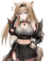 Rule 34 | 1girl, animal ears, arknights, bare shoulders, black choker, black hairband, black skirt, blonde hair, breasts, bright pupils, choker, cleavage, commentary request, cowboy shot, crop top, elite ii (arknights), green eyes, grey tank top, hairband, hand on own hip, hand up, highres, horn/wood, horn (arknights), large breasts, long hair, looking at viewer, midriff, navel, simple background, skirt, solo, standing, stomach, tail, tank top, vambraces, very long hair, white background, wolf ears, wolf tail