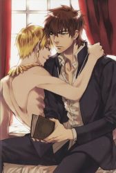 Rule 34 | 2boys, artist request, blonde hair, book, brown eyes, brown hair, cross, cross necklace, earrings, fate/zero, fate (series), gilgamesh (fate), jewelry, kotomine kirei, male focus, multiple boys, necklace, red eyes, topless male